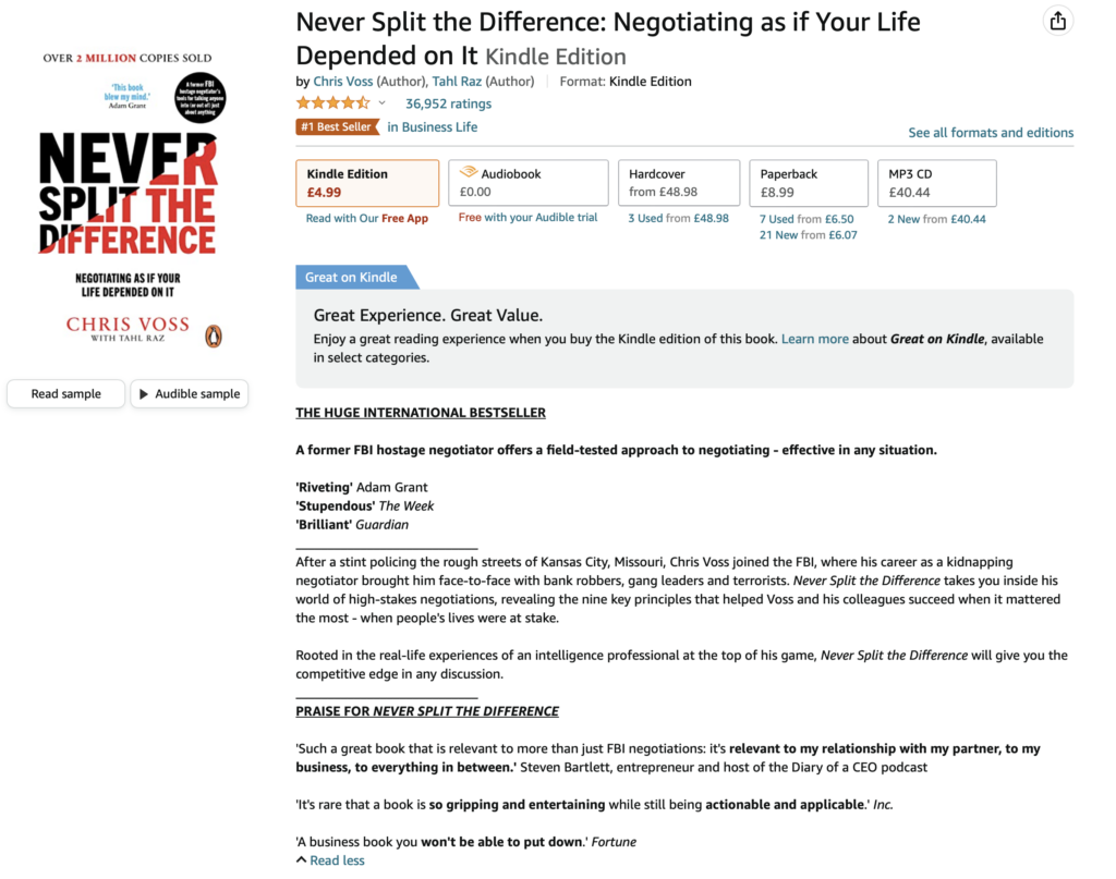 A screenshot of Chris Voss's book, never split the difference take on the Amazon website