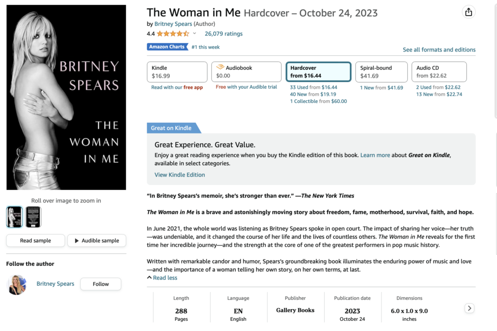 A screenshot of the Amazon sales page for Brittany Spears book, The Woman in Me.